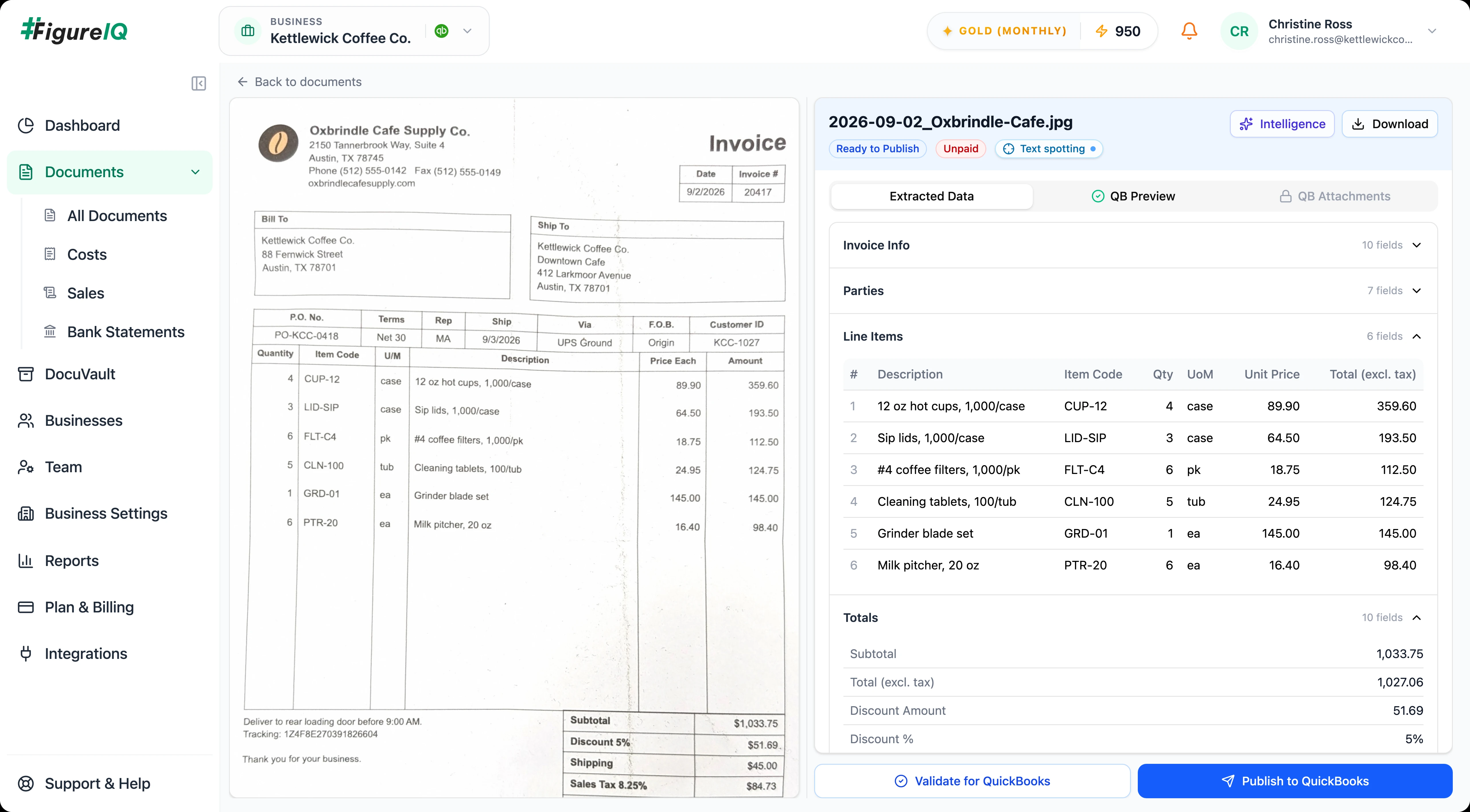 FigureIQ document workspace showing an accounting document beside validated line-item data and QuickBooks publishing controls.